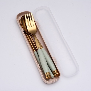 Portable Travel Stainless Steel Spoon And Fork Chopsticks Wheat Straw Handle Tableware Set School Office Restaurant (7)