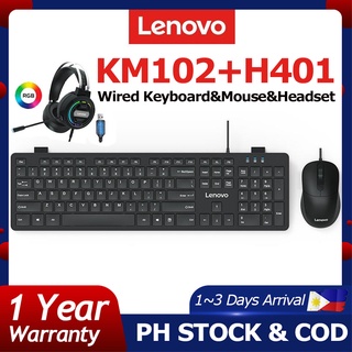 Lenovo KM102 USB Wired Keyboard Mouse Set H401 Noise-cancelling headphones with cool lighting effect