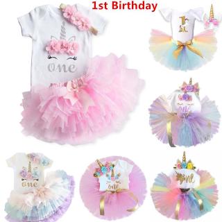 1 Yrs Baby Girls 1st Birthday Party Newborn Summer 3Pcs Clothing Sets Toddler Unicorn Romper+ Rainbow Skirt+ Unicorn Headband Outfit Sets