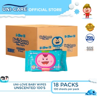UniLove Unscented Baby Wipes 100's Pack of 18 (1 Case)