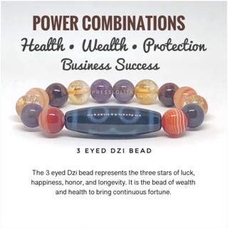 Power Combination Fengshui Bracelet 3 Eyed DZI Wealth, Health, Protection, Harmony, Business Success