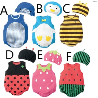 ✗✨ Kimi ๑ Summer Baby Boy Girl Rompers Cartoon Animal Fruit Pattern Infant Sleeveless Jumpsuit+Hat