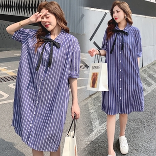 9620# Maternity Clothes Summer Turn Down Collar Stripe Button Open Short Sleeves Easy Matching Loose Stylish Dress Pregnant Women Mom Dress