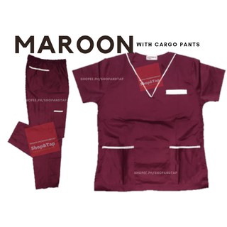 (S&TC) MAROON PIPING WITH CARGO PANTS SCRUB SUIT SET