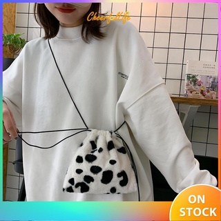 New ✯ Women Plush Crossbody Bag Cow Print Casual Shoulder Drawstring Mini Handbags ♥ (1)