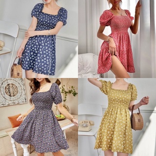 ROSE Floral Smock Puff Sleeves Sexy Dress (1)