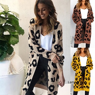 lanyydiy Women Loose Long Cardigan Leopard V-neck Pockets Autumn Winter Knitting Sweater Coat