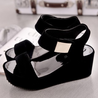 Korean Style Wedge Women's Sandals Black White (4)