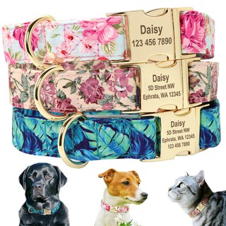 Floral Personalized Dog Collars Pet Name ID Collar Laser Engraved Metal Buckle