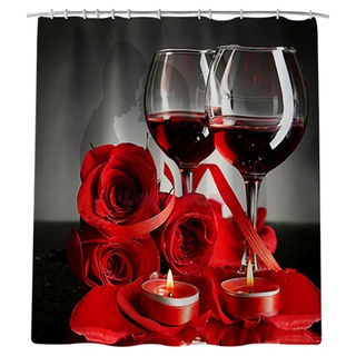 M8- Shower Curtain Rose Red Wine Romantic Lovers Waterproof Polyester Bath Curtain for Bathroom Accessories with 12 Hooks 71 x 71 Inches