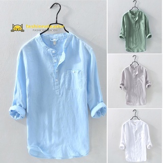 Men's Long Sleeves Shirts Breathable Cotton Linen Tunic Casual Beach Henley Tops Pullover Solid Color