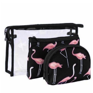handbag ❧Flamingo design Transparent 3 in 1 pouch cosmetic pouch✵