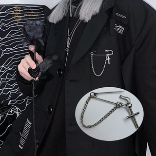 Roselife Punk streetwear Fashion Silver Chain Cross Pendant Brooch Lapel Pin unisex