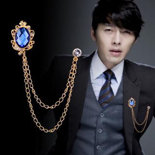 Korean Fashion Gem Crystals Lapel Pin Rhinestone Brooch Retro Tassel Chain Suit Brooches