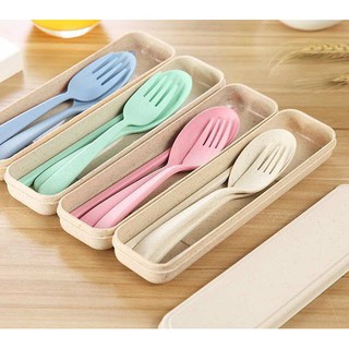 Portable travel pack wheat Straw spoon fork chopsticks 1 set of 3 tableware case