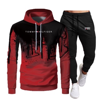 track pants℡New Tommy Fashion Tracksuit 2 Pieces Sets Men Autumn Winter Hooded Sweatshirt+Drawstring