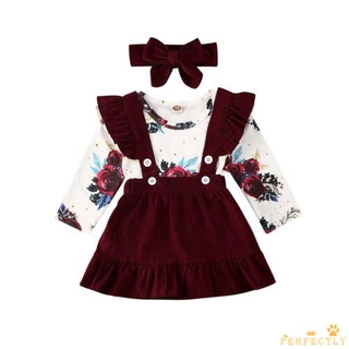 ✨QDA-Newborn Baby Girl Floral Romper Tops Strap Skirts Headband Outfit 3PCS Clothes set (3)