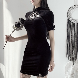 Black Sexy Cheongsam Vintage Short Sleeve Female Women Short Dress Gothic Lace Suede High Waist Slim Dresses Qipao