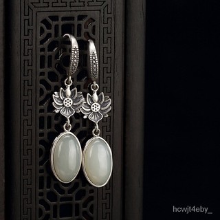 Real 925 Sterling Silver Lotus Flower Drop Earrings for Women Thai Silver Jewelry with Natural Jade