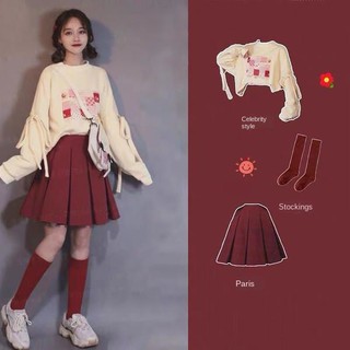 Christmas items--Single or two winter sweater women s tide ins plus velvet thickening new fashion suit college style long-sleeved pleated skirt