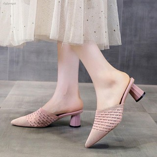 Low price◆❡Baotou half slippers female outer wear Korean knit mesh dressing shoes black pointed thic (7)
