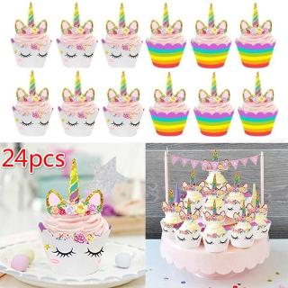 24pcs Cartoon Rainbow Unicorn Cupcake Toppers Birthday Party Decoration Supplies