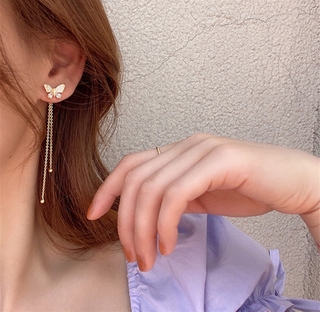 Fashion 925 Silver Needle Butterfly Tassel Long Earrings For Women Girls Korean Chic Zircon Stud Earrings Jewelry