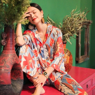 Women's new silk pajamas sunny flowers long sleeve Thin Ice Silk two-piece suit Korean style outerwear homewear suit