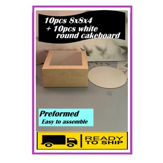 10pcs 8x8x4 Cake Box + 10pcs 8" Round White Boards| With Window | Preformed | Reversible White/Kraft