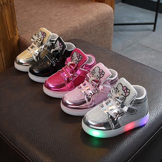 COD Ready Stock Kids LED Light Up Shoes Girls Sport Shoes Hello Kitty Sneakers For Girls