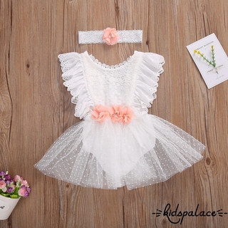 ➤♕❀❤Baby Girls White Romper, Infant Sleeveless Lace Flower One-Piece, Round Neck Romper + Headwear, 0-24 Months