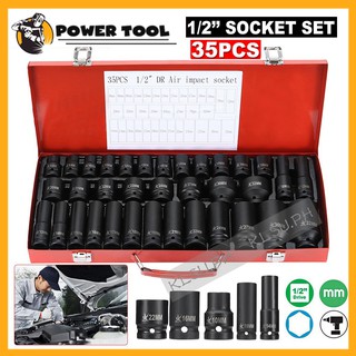 35x Air Deep Impact Socket Garage Workshop Tool Set Kit 1/2" Drive 8-32mm Metric 6 Point Remover