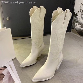 【Hot】▲✈㍿Spot goods2021 New Canvas Women Knee High Boots High Heel Western Cowboy Boots Embroider Poi