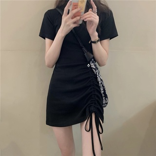 Summer New Korean Style Sense of Design Pleating Hot Girl Hip Skirt Slim-Fit Short SleeveTT-shirt Dress Women'sins