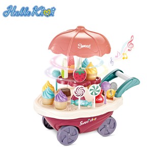 HelloKimi 30PCS Children Kitchen Toy Set Cart Ice Cream Toy Sweet Shop Luxury Candy Rotation Cart Toy Pretend Play Food Supermarket Trolley Table Pink Toys with Routing Sound and Light for Boys and Girls