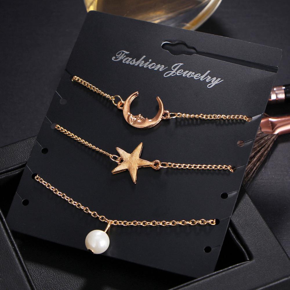 3PCS Fashion Moon Star Pearls Gold Chain Bracelet Set Jewelry Set LYSP64
