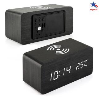 Modern Wooden Wood Digital LED Desk Alarm Clock Thermometer Qi Wireless Charger Home Office (9)