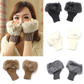 Fashion Women Faux Rabbit Fur Hand Wrist Warmer Winter Fingerless Knitted Gloves