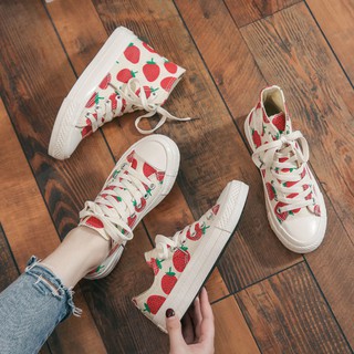 NEW Korean Cartoon Shoes Strawberry Print Canvas Shoes Women's Shoes (1)