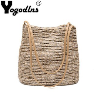 Yogodlns Durable Weave Straw Beach Bags for Women Linen Woven Bucket Bag Casual Big Handbags