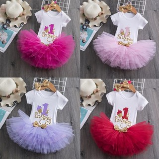 Baby Girl Tutu Dress Set For 1st Birthday Outfit Set Romper Skirt Headband Pink Purple Red Hot Pink