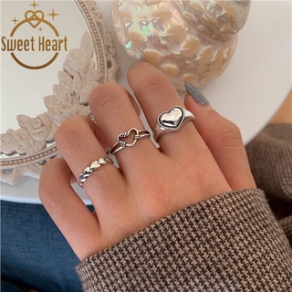 Korean Retro Love Heart Hollow Out Open Rings Female INS Trend Sweet Handmade Hip-hop Fashion Hip-hop Ring Silver Color