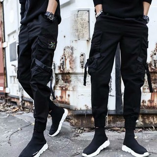 Korean Plus Size Black Cargo pants men Streetwear Drawstring Cargo Pants Men Thin Sports Hip Hop Pants Side Pockets Pencil Sweatpants Joggers
