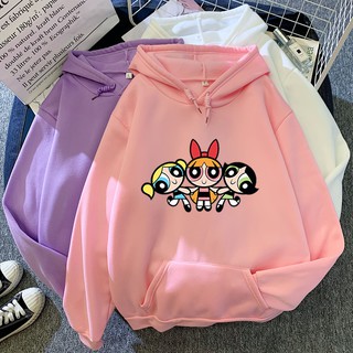 Autumn and winter new candy color sweatshirt Powerpuff Girls Big 3/1 printed pattern all-match personalized hooded sweater