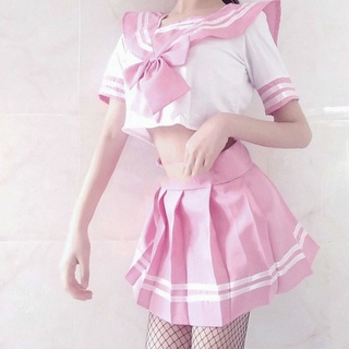 Women Pink Sweet Sexy Lingerie School Uniform Suit Student Cosplay Costume Uniform Temptation Tops Skirt Set