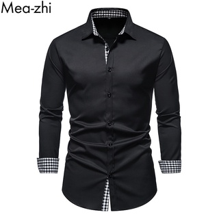Men Long Sleeve Shirts Autumn Spring Fashion Button Up Blouse Plain Contrast Casual Business Formal