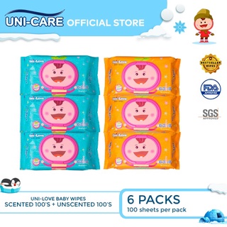 ✲✥✧UniLove Baby Wipes Combo 100's (Scented and Unscented) Pack of 6