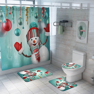 Christmas Printed Shower Curtain Floor Mat Combination Bathroom Toilet Mat Bathroom Curtain Set