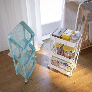 SW Utility Trolley Color White 3-Tier Free Assembly Rolling Cart, Folding Metal Storage Cart