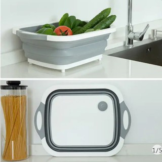 2 in 1 Drain Storage Foldable Cutting Board Silicone Dish Tub with Plug Fruit Washing (4)